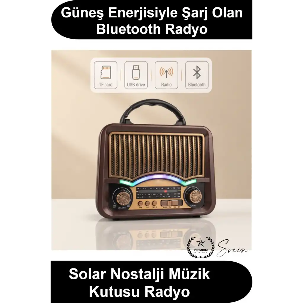 #RetroRadyo Solar Nostalji Müzik Kutusu Şarjlı FM Radyo Bluetooth Hoparlör USB TF Kart Destekli Ahşap Görünümlü Taşınabilir Kulplu Güneş Enerjili Vintage Tasarım Dekoratif Hediyelik Kamp Ev Ofis Bahçe