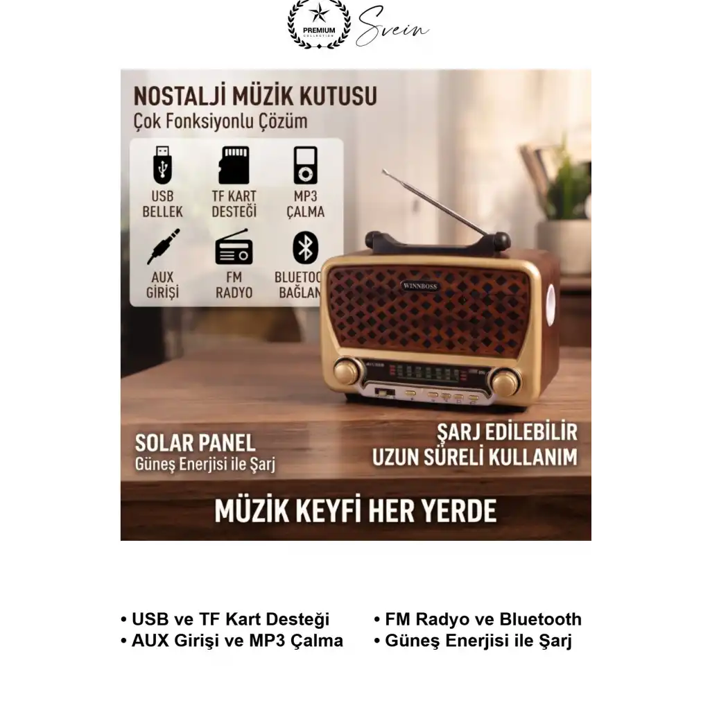 #NostaljiMüzikKutusu Solar Panelli Şarjlı Bluetooth Hoparlör Retro Radyo FM AM SW USB TF Kart AUX Girişli LED Fenerli Taşınabilir Ahşap Görünümlü Kamp Ev Ofis Dekoratif Vintage MP3 Çalar Kulplu