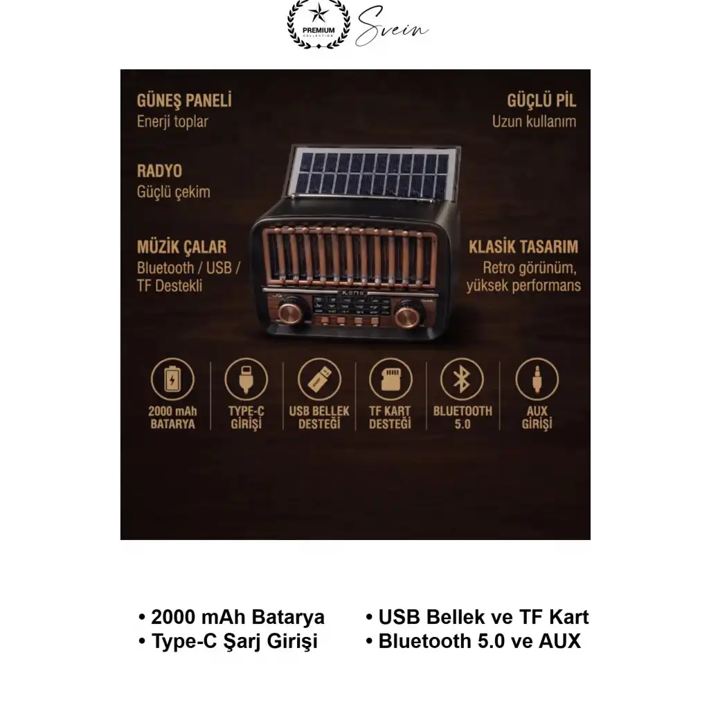 #SolarRadyo Güneş Panelli Şarjlı Nostaljik FM Radyo Bluetooth Hoparlör AUX USB TF Kart Girişli AM SW Retro Müzik Kutusu Type-C 2000 mAh Bataryalı Taşınabilir Kamp Ev Ofis Bahçe Piknik Hediyelik Klasik
