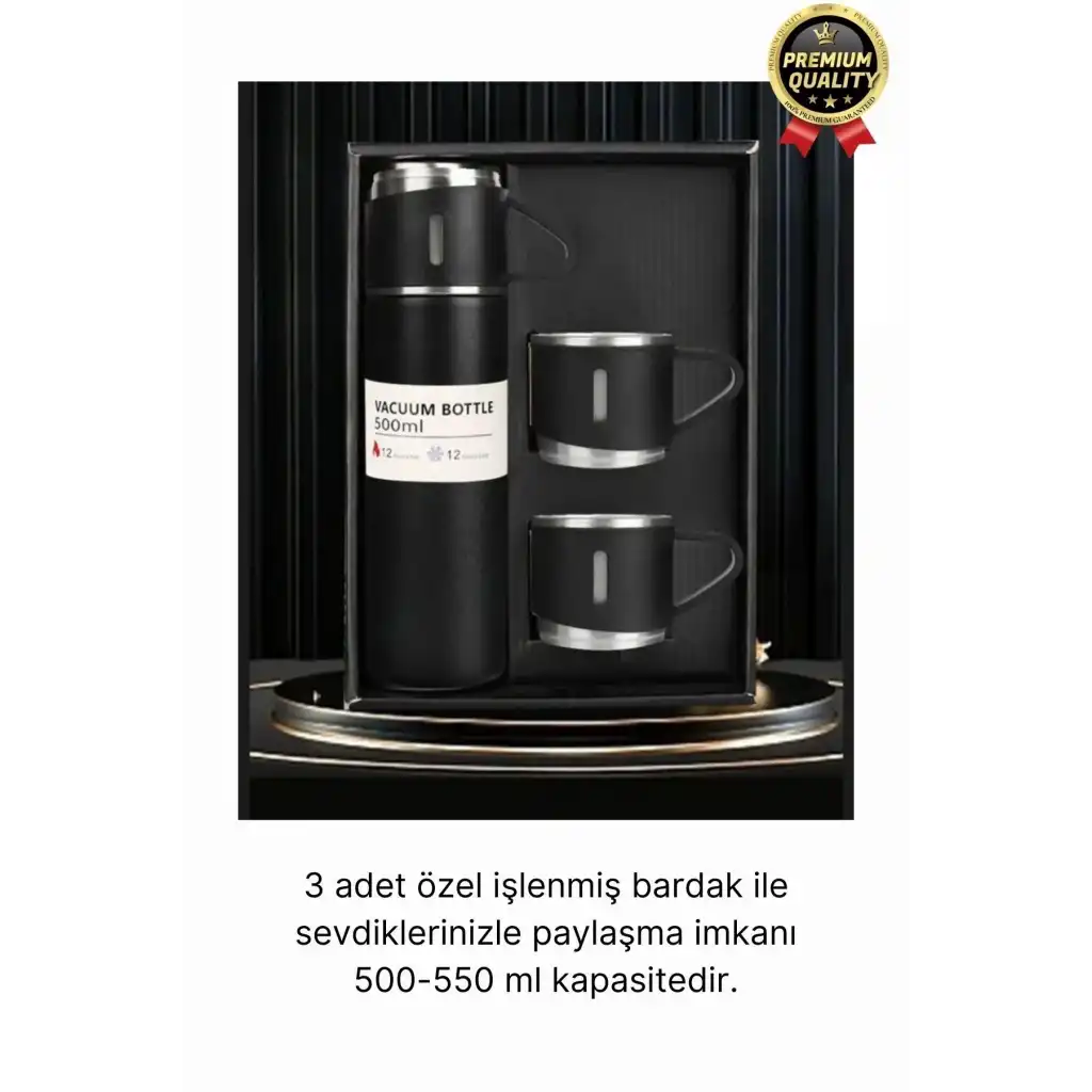 Kaliteli Paslanmaz Çelik Çift Katmanlı Sıcak Soğuk 3 Bardaklı Vakumlu Termos Çanta Hediyeli 550 Ml