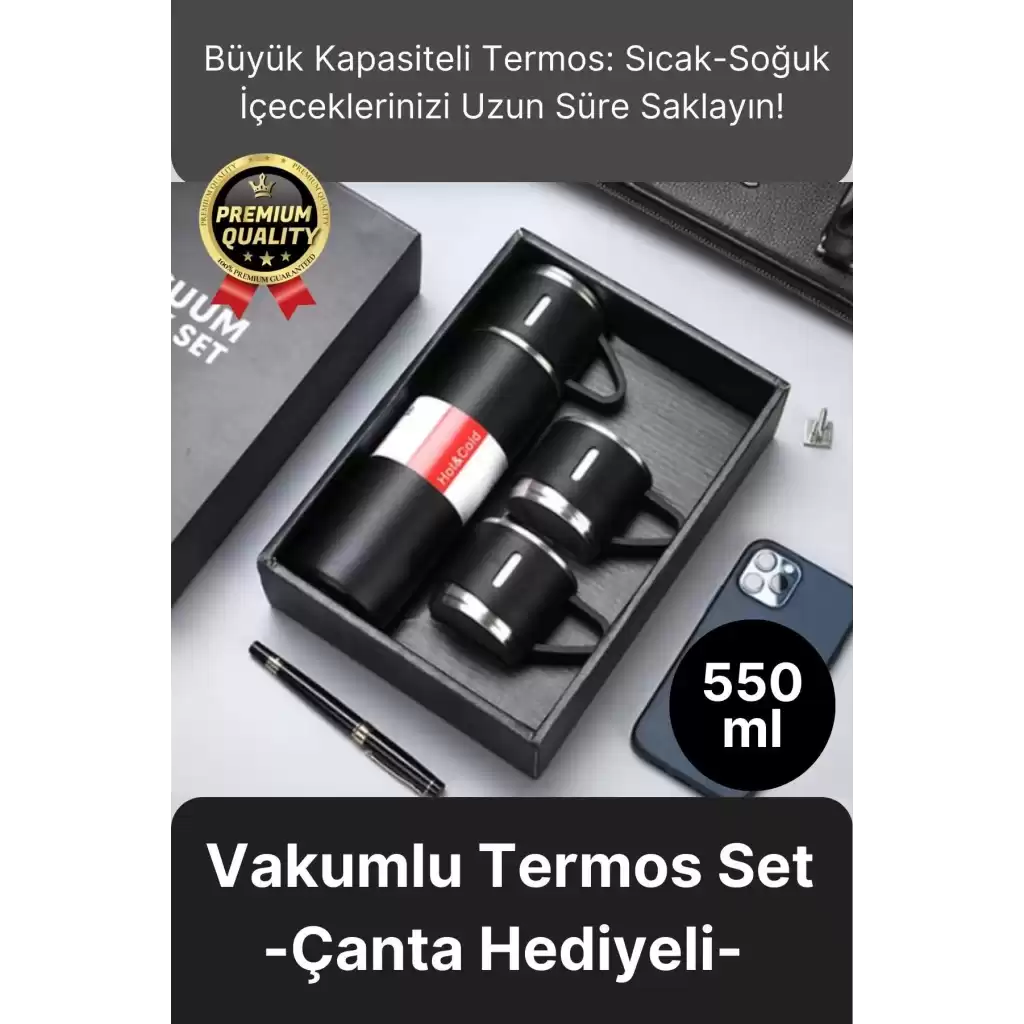 Kaliteli Paslanmaz Çelik Çift Katmanlı Sıcak Soğuk 3 Bardaklı Vakumlu Termos Çanta Hediyeli 550 Ml