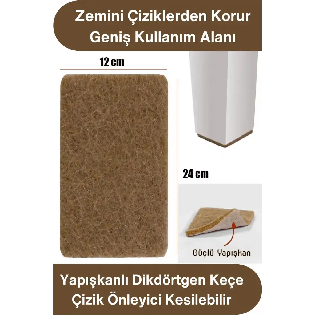 #Keçe Yapışkanlı Dikdörtgen Keçe 12x24 cm Kahve Mobilya Altı Zemin Koruyucu Çizik Önleyici Kesilebilir Masa Sandalye Dolap Sehpa Ayak Pedi Parke Laminat Seramik Sessiz Kaydırmaz Dayanıklı