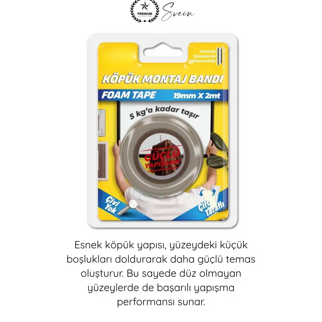 #KöpükBant 5 Kg Çift Taraflı Köpük Montaj Bandı 19mm 2 Metre Güçlü Yapışkan Duvar Bant Beyaz Çerçeve Ayna Poster Dekorasyon Sabitleme Vida Gerektirmeyen İç Mekan Yapıştırma Aparatı
