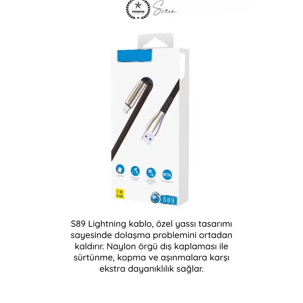 #Lightning S89 Lightning Kablo 1M 2.4A iPhone Uyumlu Metal Uçlu Naylon Örgü Yassı Tasarım Hızlı Şarj Veri Aktarım Dayanıklı Apple Telefon Tablet Powerbank Siyah Premium Şarj Kablosu