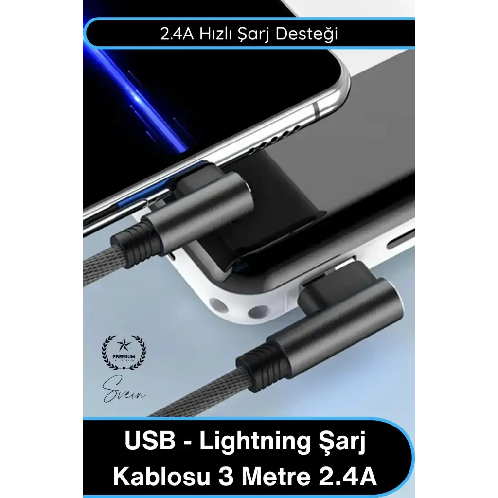 #Lightning USB Lightning Şarj Kablosu 3 Metre 2.4A Hızlı Şarj Veri Aktarım Siyah Dayanıklı Uzun Kablo iPhone iPad Uyumlu Güçlendirilmiş Esnek Kırılmaya Dirençli Bağlantı Aksesuarı