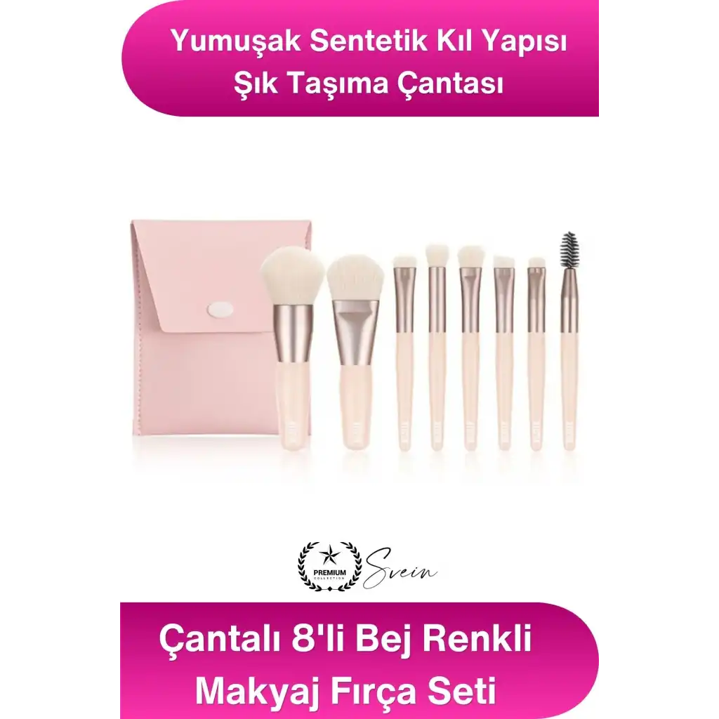 #MakyajFırça Çantalı 8li Bej Renkli Makyaj Fırça Seti Profesyonel Yumuşak Sentetik Kıllı Pudra Fondöten Allık Far Kontür Karıştırma Fırçaları Seyahat Kozmetik Fırça Takımı