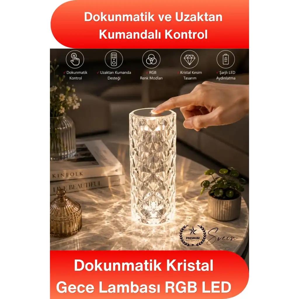 #MasaLamba Dokunmatik Kristal Gece Lambası RGB LED Masa Lambası Uzaktan Kumandalı Şarjlı Dekoratif Abajur Renk Değiştiren Dokunmatik Gece Işığı Hediyelik Aydınlatma