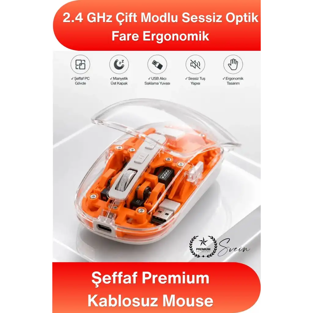 #Mouse Şeffaf Premium Kablosuz Mouse Bluetooth 5.0 2.4GHz Çift Modlu Sessiz Optik Fare USB Alıcılı Şarjlı Ergonomik Dizüstü Bilgisayar Tablet PC Uyumlu Rahat Uzun Ömürlü Dayanıklı