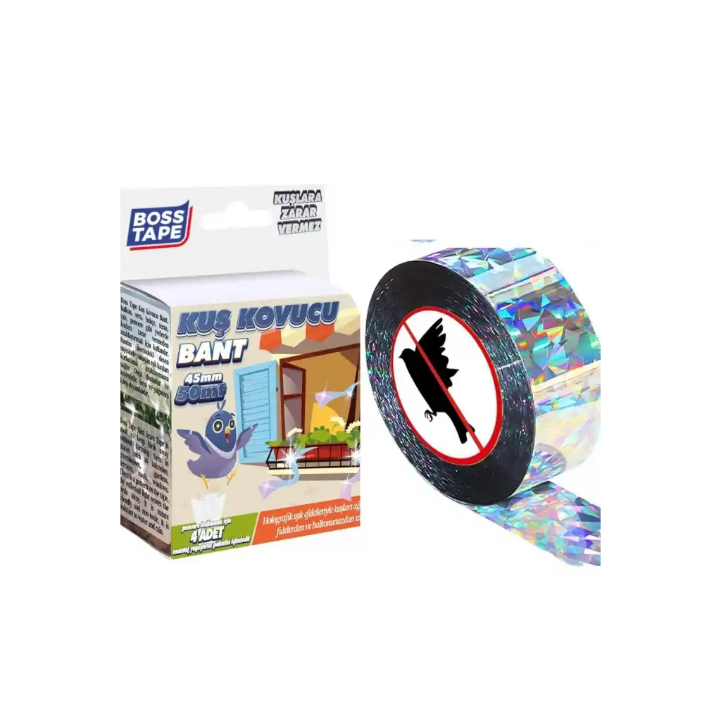 Boss Tape Kuş Kondurmaz Rahatsız Eden Şerit Bant 45 mm x 50 mt Yansıtıcı Kuşsavar Çatı Hologram Bandı
