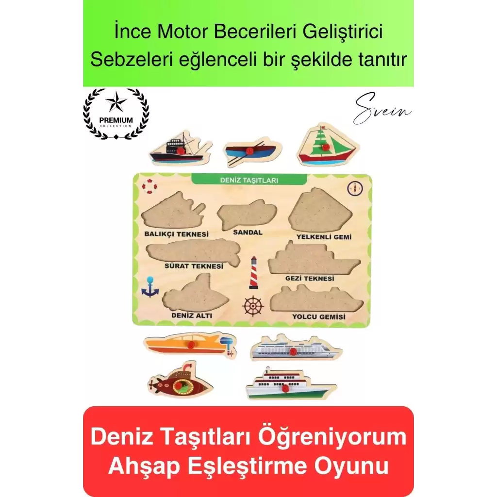 Premium Deniz Taşıtları Ahşap Bul Tak Puzzle Eğitici Oyuncak Tutmalı Motor Becerisi Gelişim