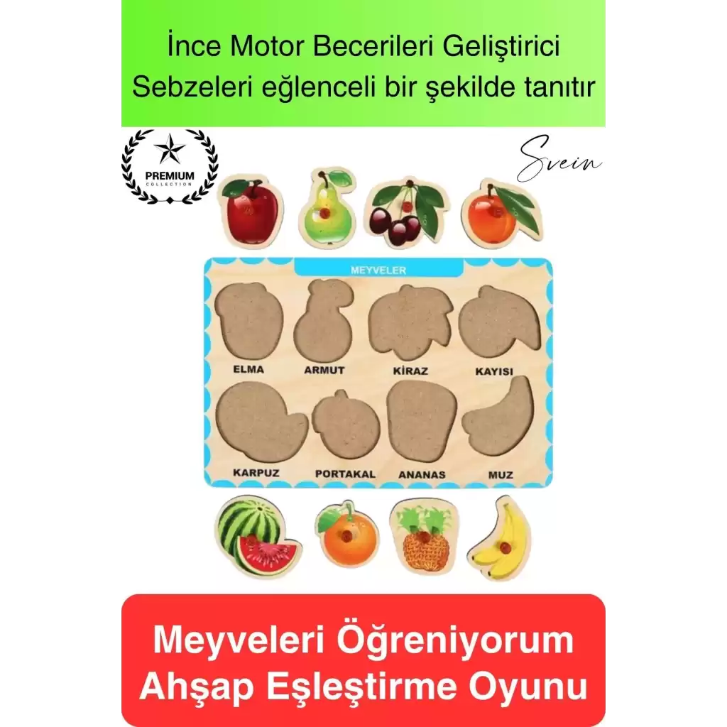 Premium Meyveler Ahşap Bul Tak Puzzle Eğitici Oyuncak Tutmalı Elma Armut Motor Becerisi Gelişim