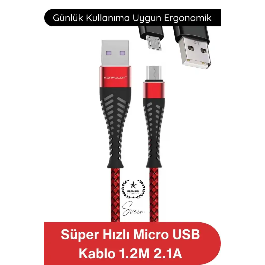 #ŞarjKablo Süper Hızlı Destekleyici S61 Micro USB Kablo 1.2M 2.1A Hızlı Şarj Veri Aktarım Naylon Örgülü Metal Uçlu Dayanıklı Android Telefon Tablet Powerbank Uyumlu Premium Şarj Kablosu Kırmızı