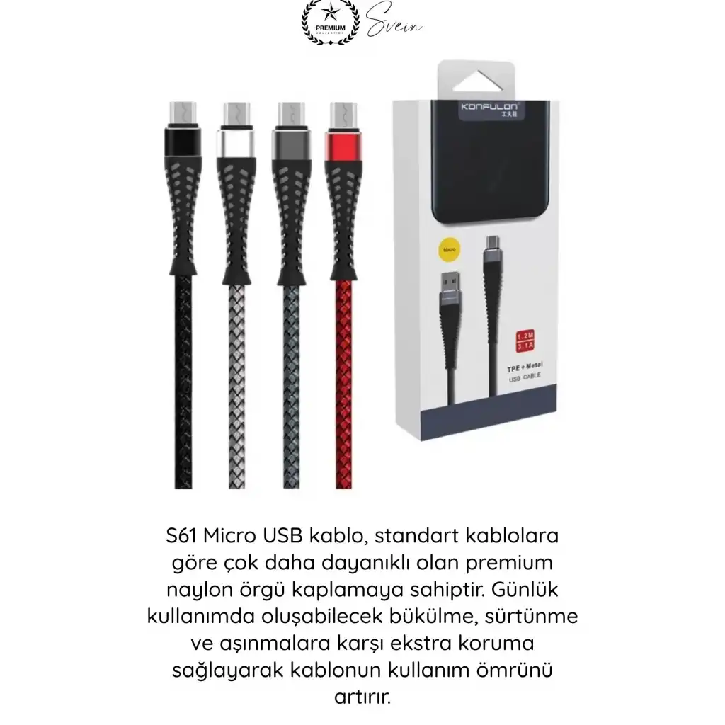 #ŞarjKablo Süper Hızlı Destekleyici S61 Micro USB Kablo 1.2M 2.1A Hızlı Şarj Veri Aktarım Naylon Örgülü Metal Uçlu Dayanıklı Android Telefon Tablet Powerbank Uyumlu Premium Şarj Kablosu Siyah