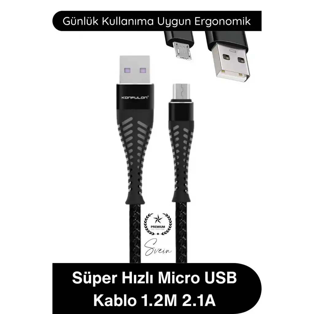 #ŞarjKablo Süper Hızlı Destekleyici S61 Micro USB Kablo 1.2M 2.1A Hızlı Şarj Veri Aktarım Naylon Örgülü Metal Uçlu Dayanıklı Android Telefon Tablet Powerbank Uyumlu Premium Şarj Kablosu Siyah