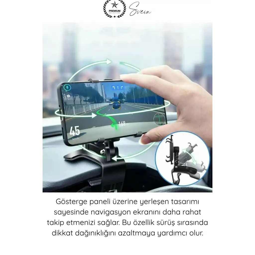 #TelefonTutucu Araba Gösterge Üstü Telefon Tutucu 360 Derece Dönebilen Oynar Başlıklı Araç İçi Navigasyon Aparatı Dikiz Aynası Güneşlik Uyumlu Klipsli Evrensel Akıllı Cihaz Standı