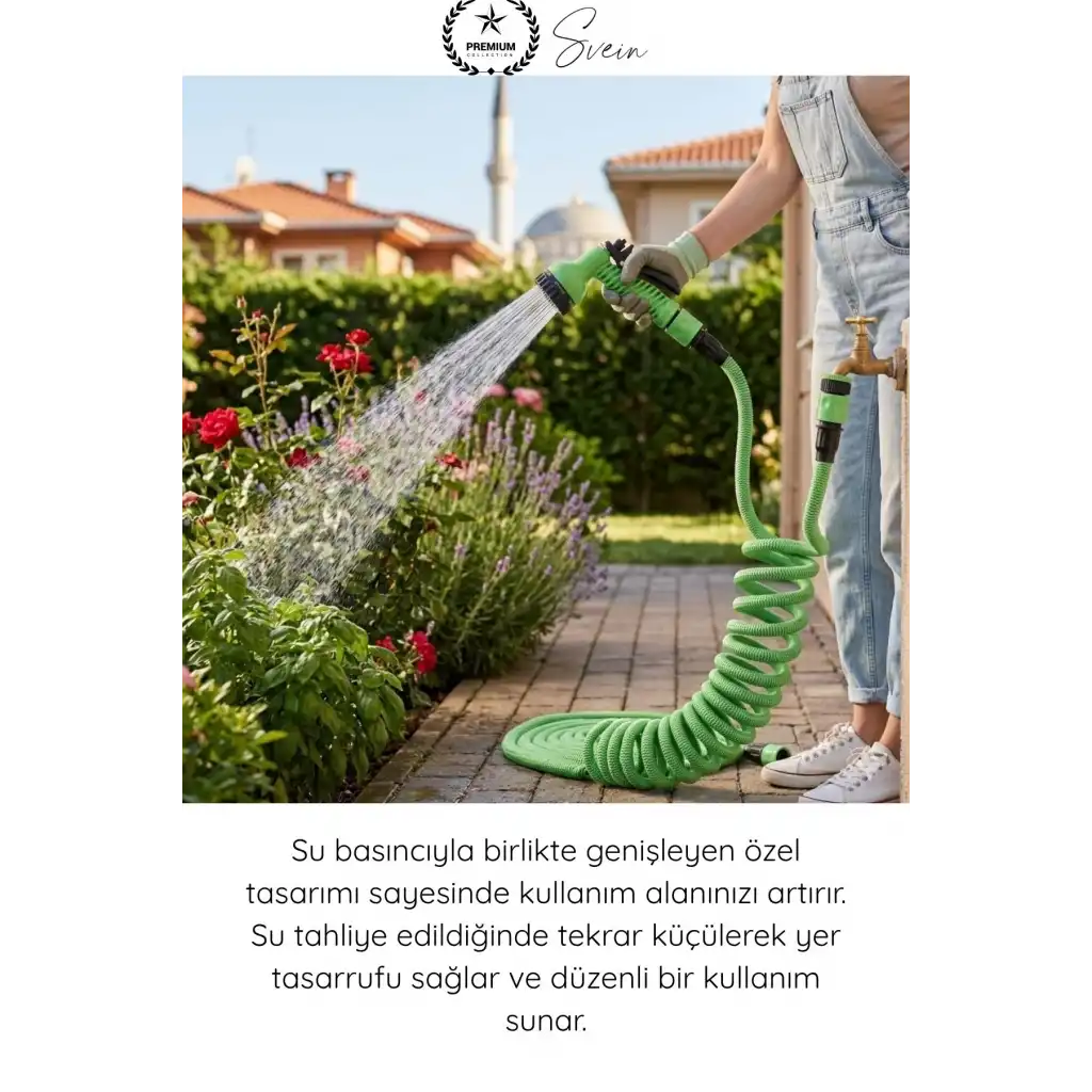 #UzayanHortum 15 Metre Uzayan Esnek Bahçe Hortumu Seti 7 Fonksiyonlu Sulama Tabancası 1/2 İnç Adaptörlü Dayanıklı Hafif Katlanmaz Düğümlenmez Araç Yıkama Çiçek Balkon Peyzaj Temizlik Ekipmanı