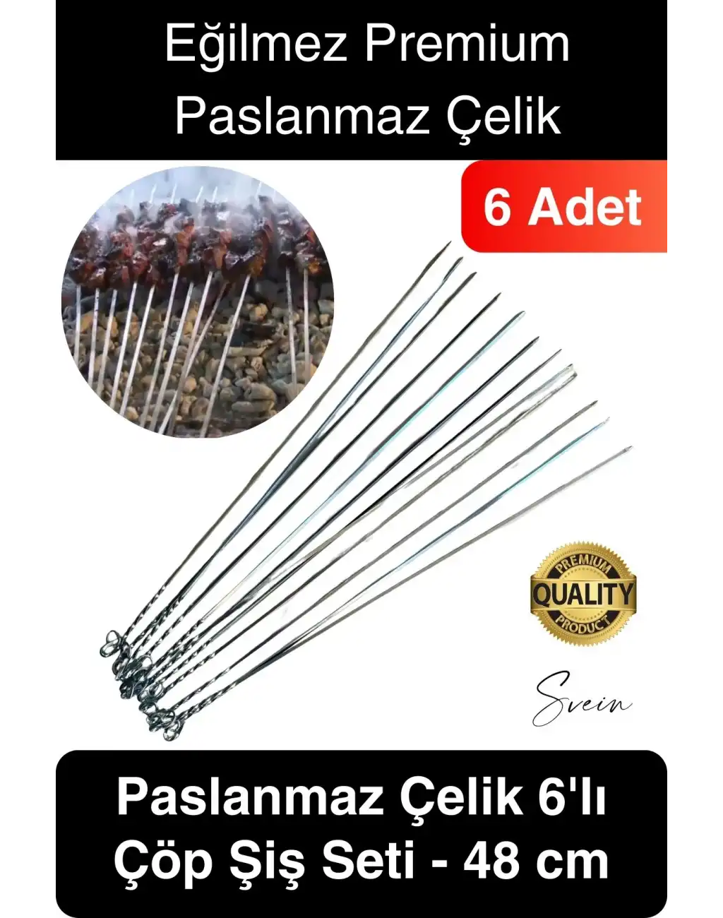 6 Adet Yüksek Kalite 48 cm Mangal Ciğer Kuşbaşı Kebap Şiş Paslanmaz Çelik Adana Urfa Izgara