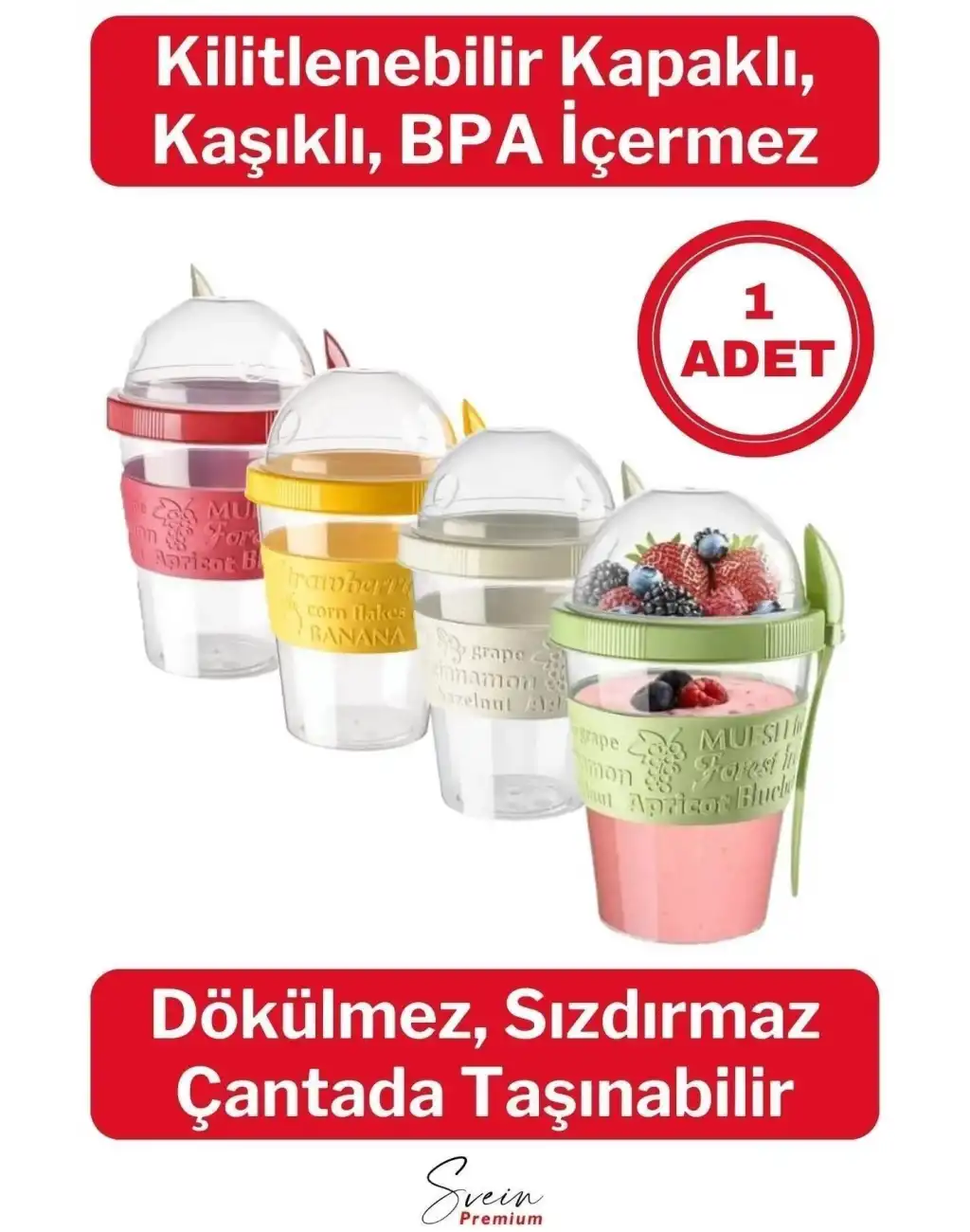 Pratik Taşınabilir Kaşıklı Atıştırmalık Yemek Yoğurt Müsli Granola Diyet Kabı 600ml 1 Adet