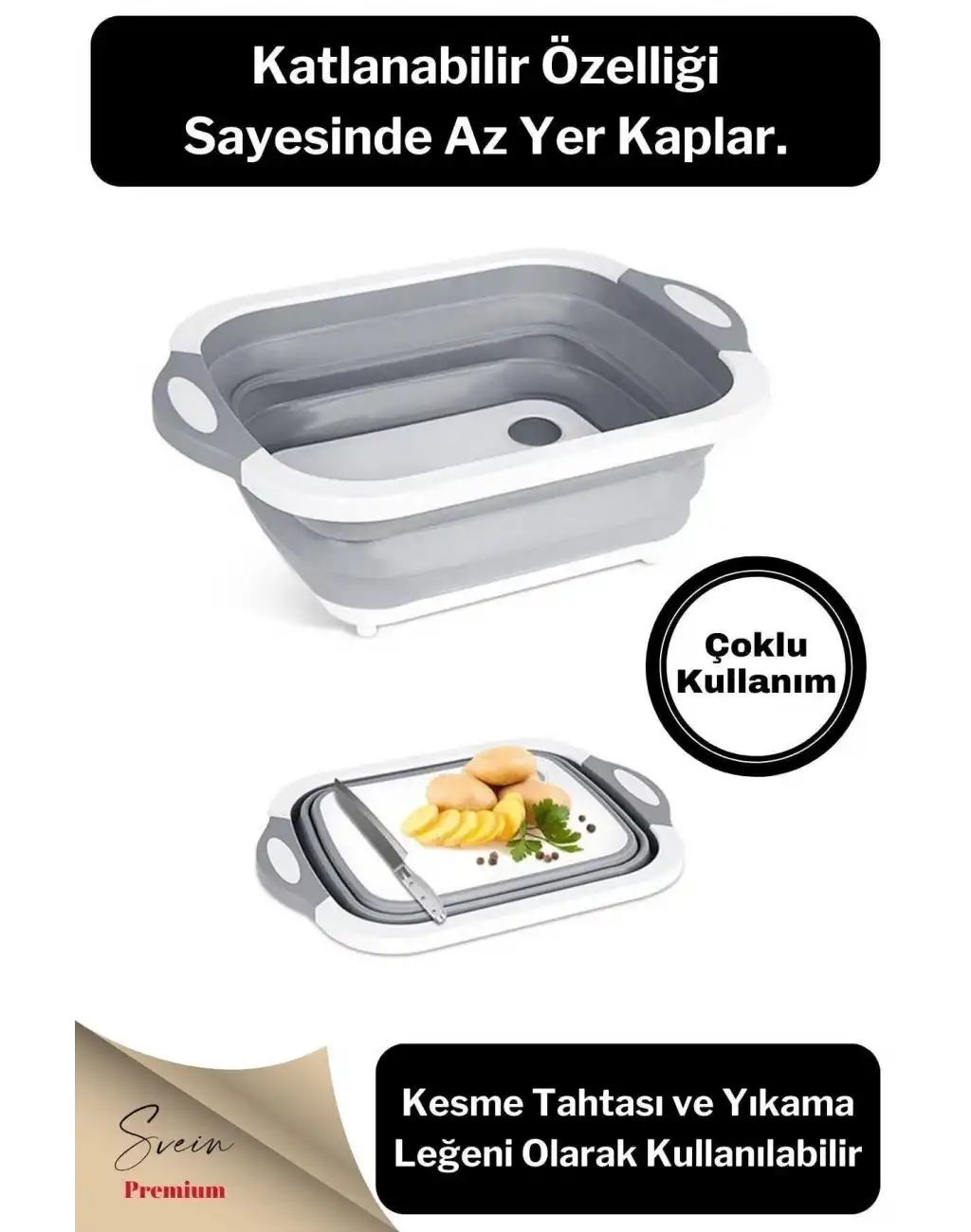 Katlanabilir Bulaşık Yıkama Leğeni Süzgeçli Kesme Doğrama Tahtası Ve Akordiyon Tıpalı Badya 1 Adet