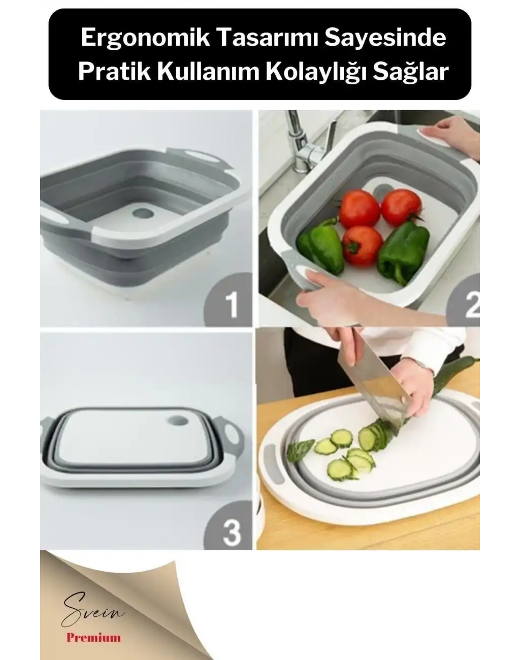 Katlanabilir Bulaşık Yıkama Leğeni Süzgeçli Kesme Doğrama Tahtası Ve Akordiyon Tıpalı Badya 1 Adet