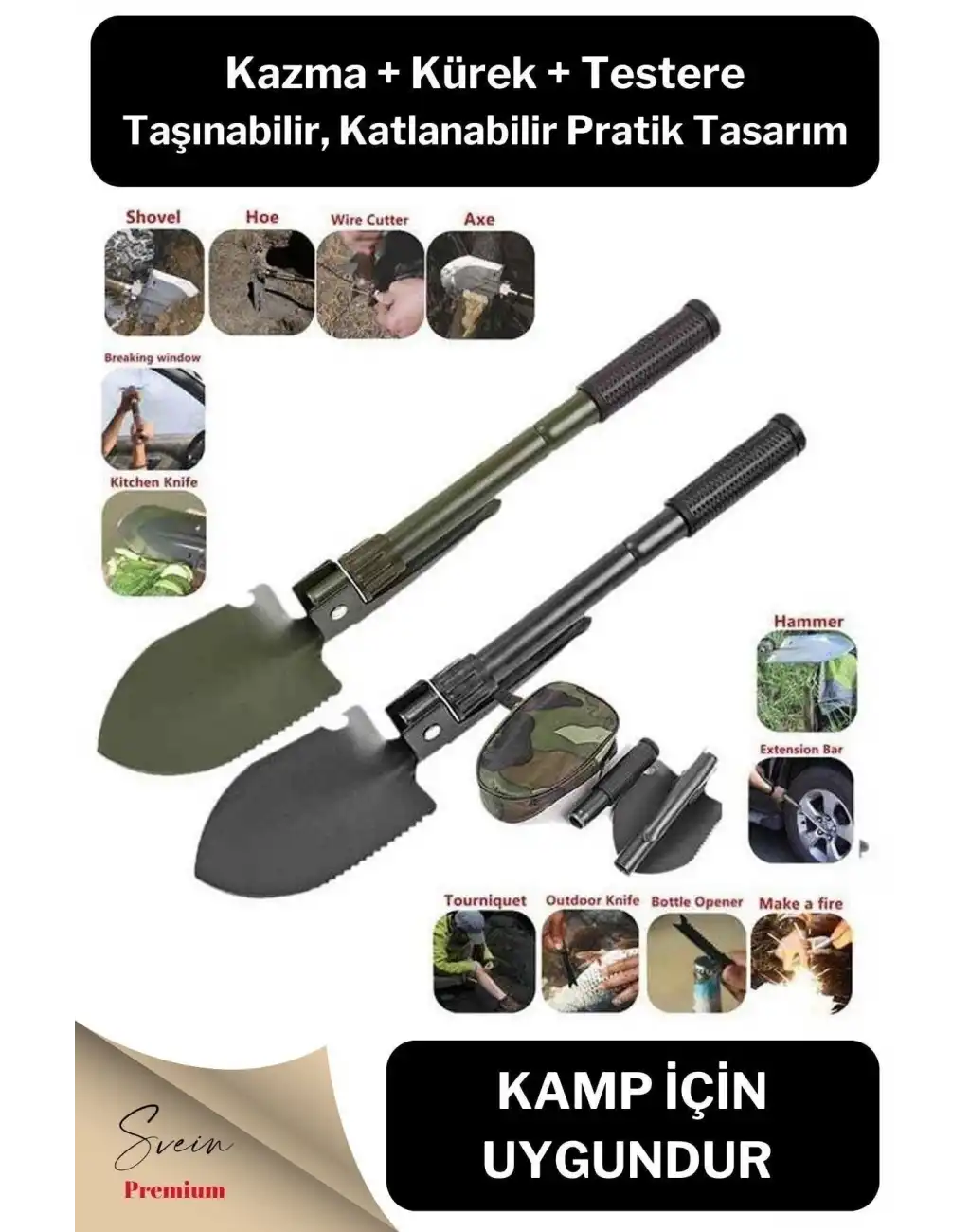 Profesyonel Çelik Katlanır Taşınabilir Pratik Kamp Kazma Kürek Ve Kesme Aleti Seti Orcamp Kazkürkes