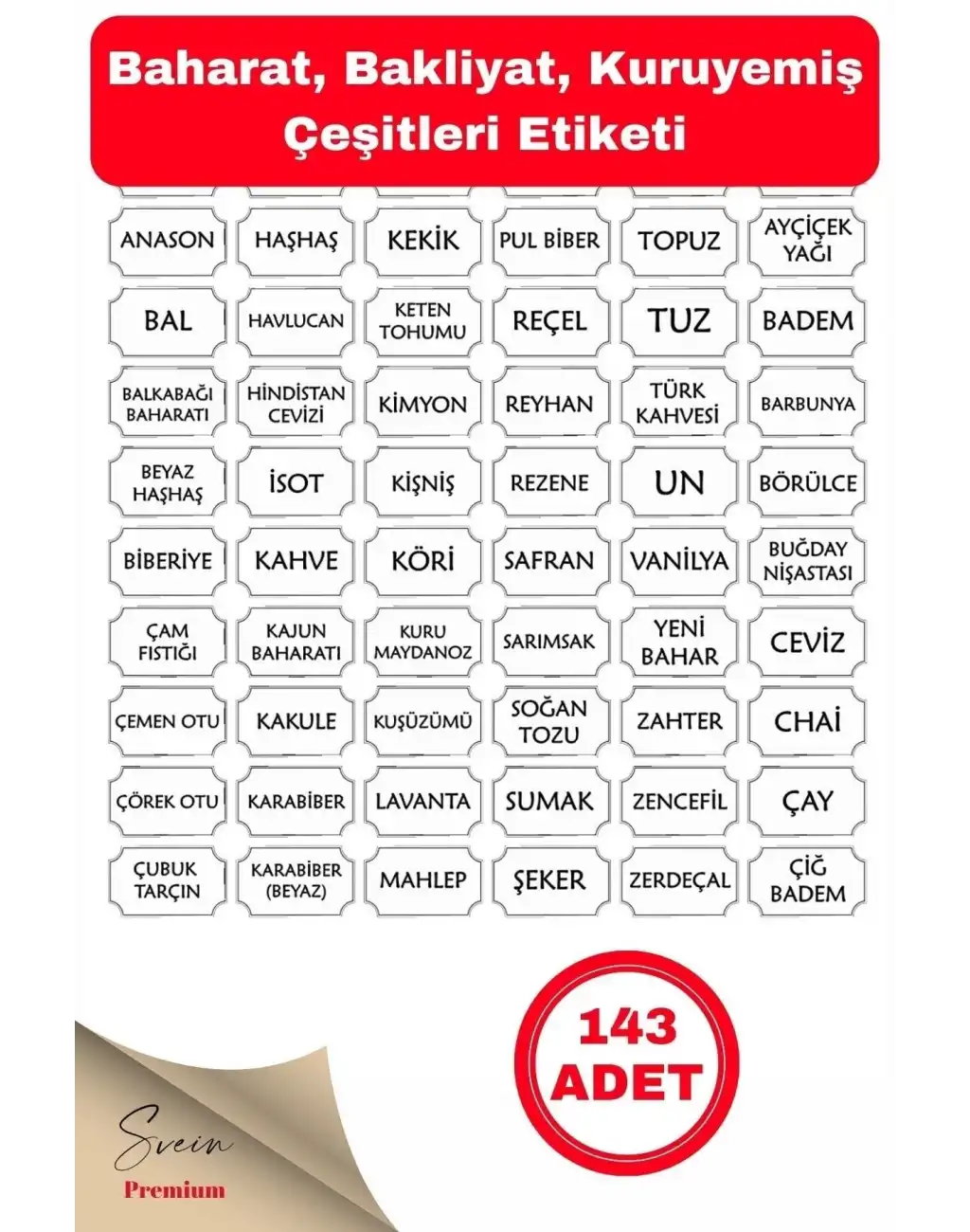 143 Adet Baharat Bakliyat Kuruyemiş Kavanoz Sticker Etiketi Seti Kendinden Yapışkanlı 3,6 X 2 Cm