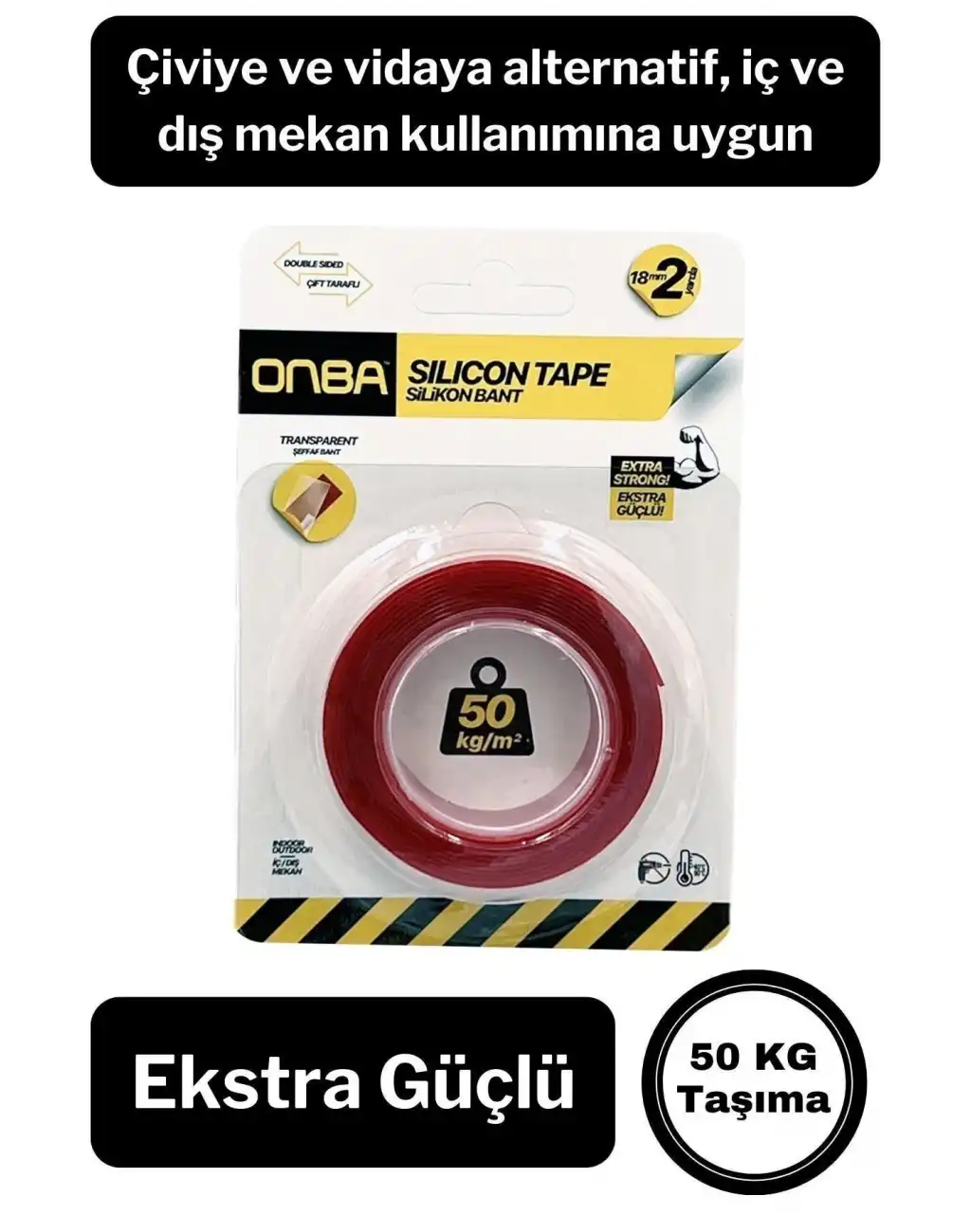 50 Kg Çift Taraflı Ekstra Güçlü Çok Amaçlı Tamir Silikon Bant Dış Mekan Montaj Bandı 18 Mm X 2 Mt