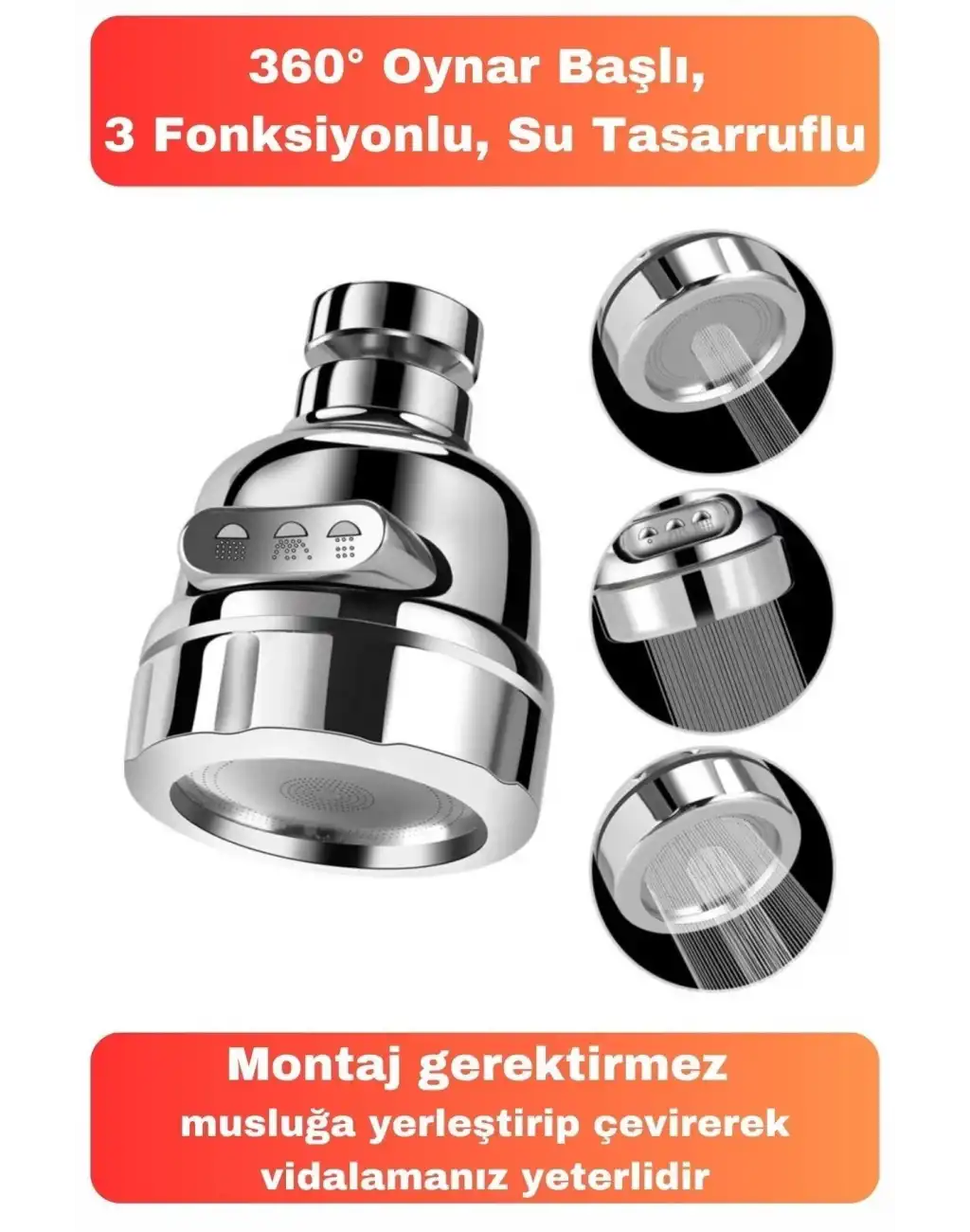 3 Fonksiyonlu Sert Plastik Lavabo Başlık 360 Derece Döner Ayarlanabilir Tasarruflu Musluk Ucu