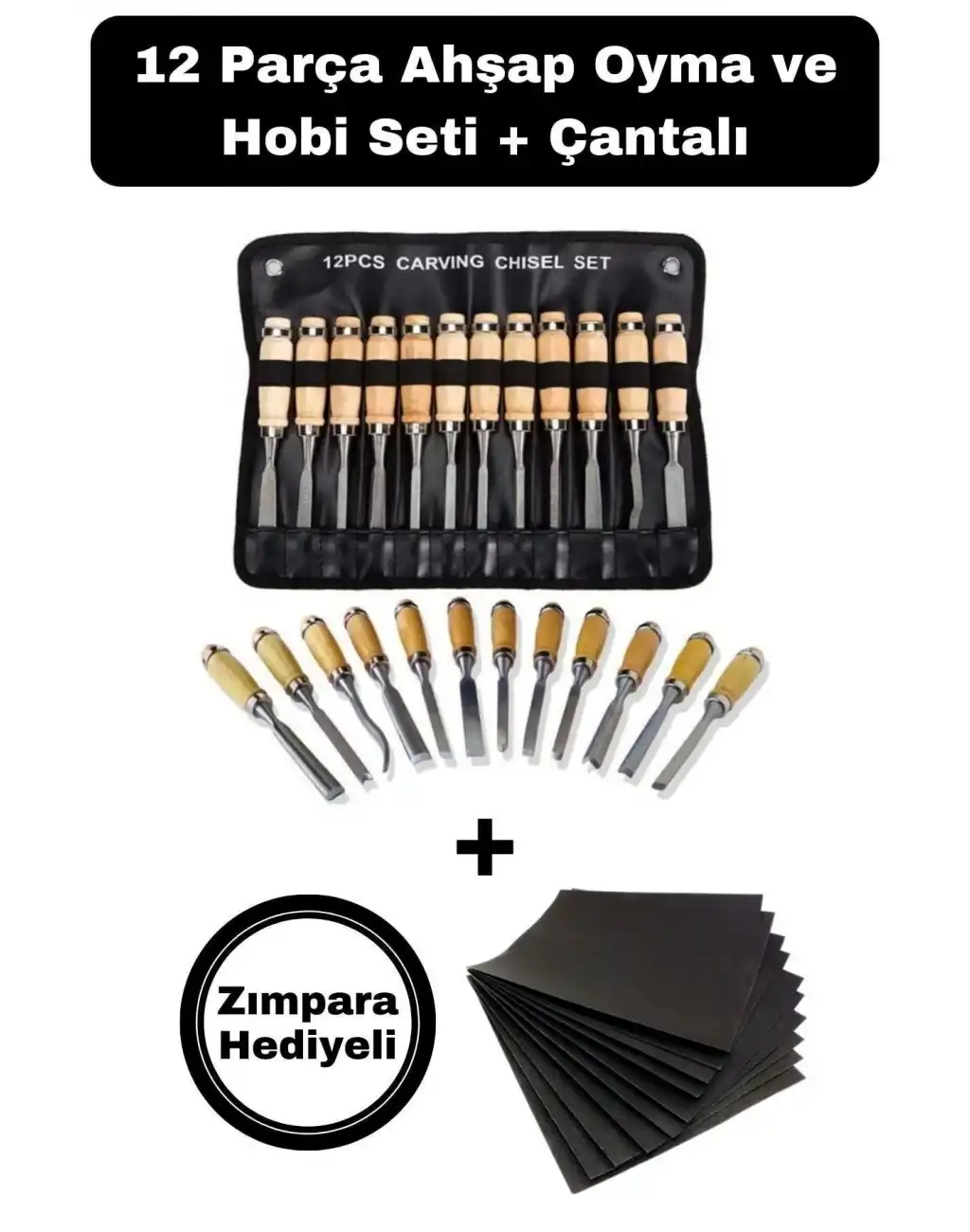 12 Parça Profesyonel Iskarpela Ahşap Saplı Oyma Seti Özel Çantalı Tahta Işleme Zımpara Hediyeli