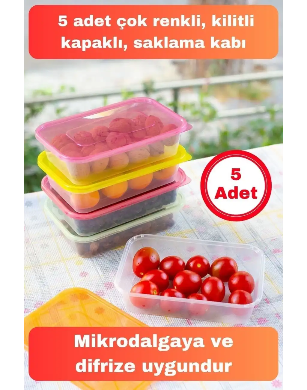 Vip Çok Renkli Kapaklı Mikrodalgaya Uygun 5li Plastik Kuru Bakliyat Yiyecek Erzak Saklama Kabı Seti