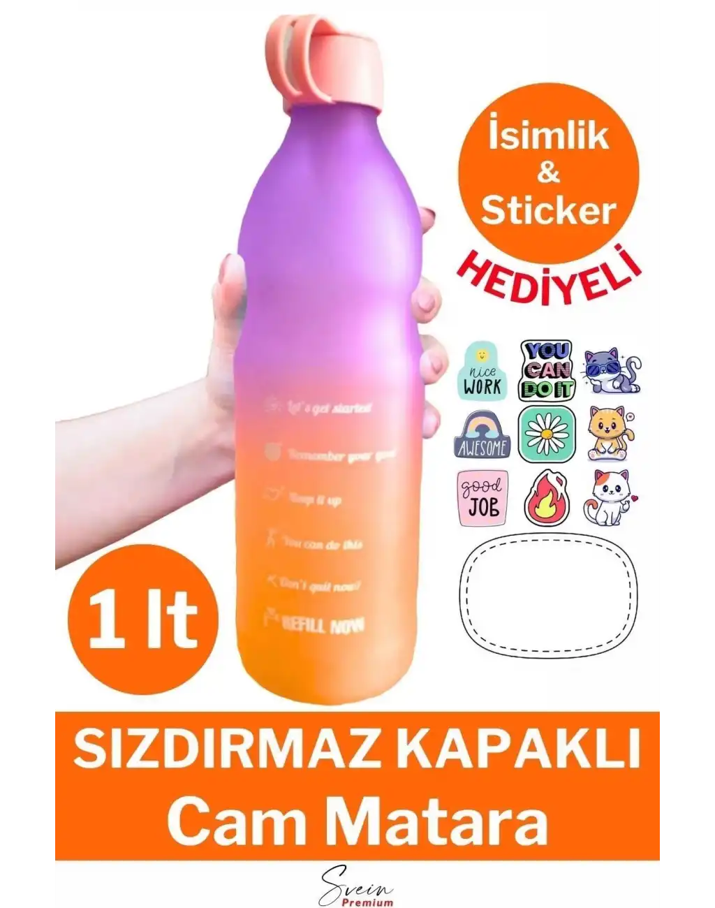 Premium Sızdırmaz Motivasyonel Sporcu Cam Renkli Su Matarası 1 Litre Suluk Tritan Bpa İçermez 1 Adet