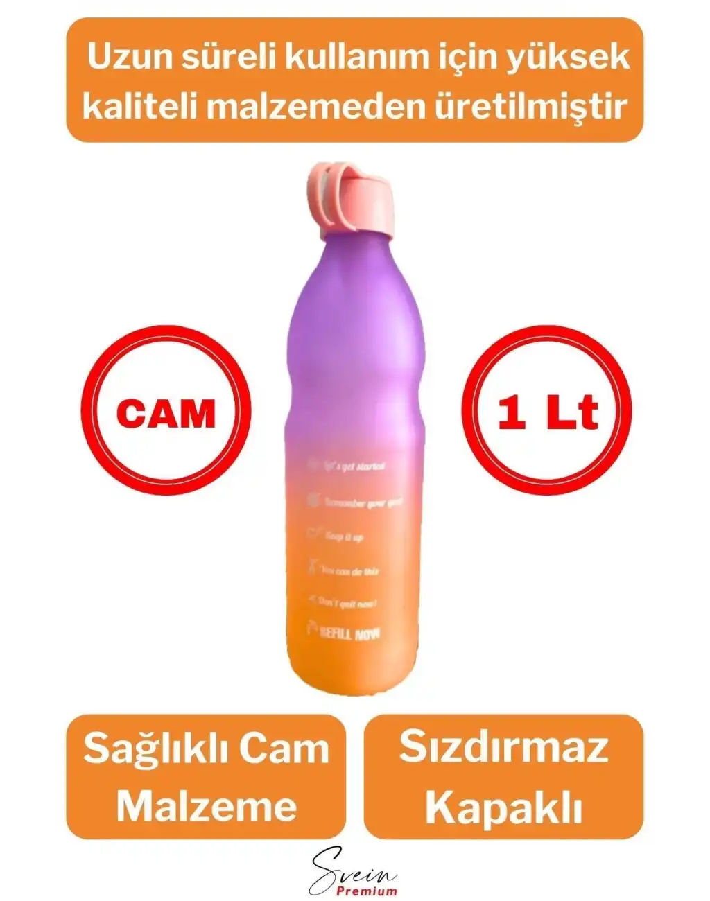 Premium Sızdırmaz Motivasyonel Sporcu Cam Renkli Su Matarası 1 Litre Suluk Tritan Bpa İçermez 1 Adet