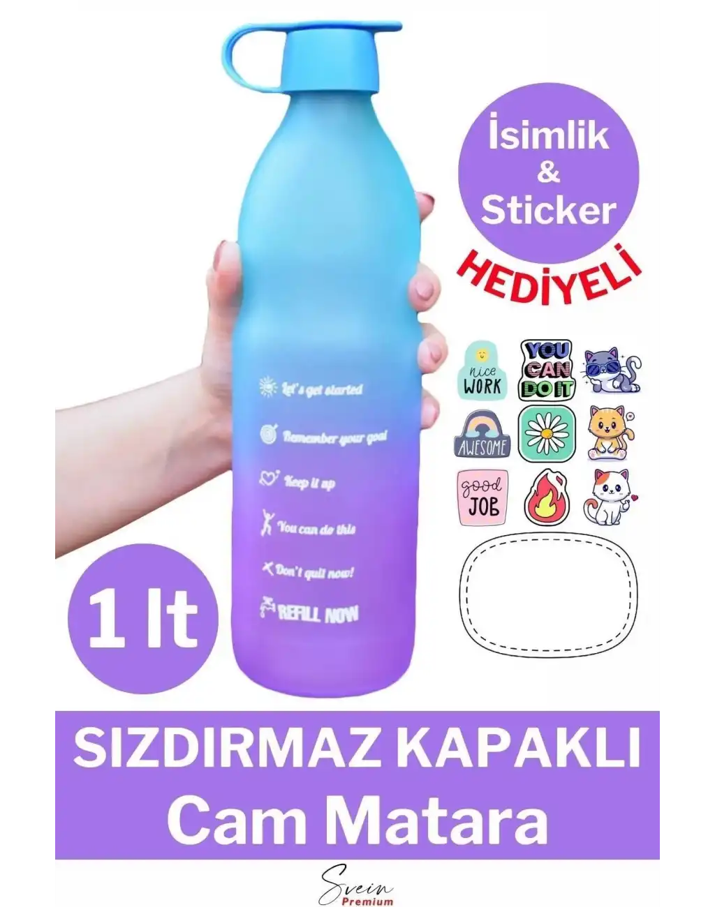 Premium Sızdırmaz Motivasyonel Sporcu Cam Renkli Su Matarası 1 Litre Suluk Tritan Bpa İçermez 1 Adet