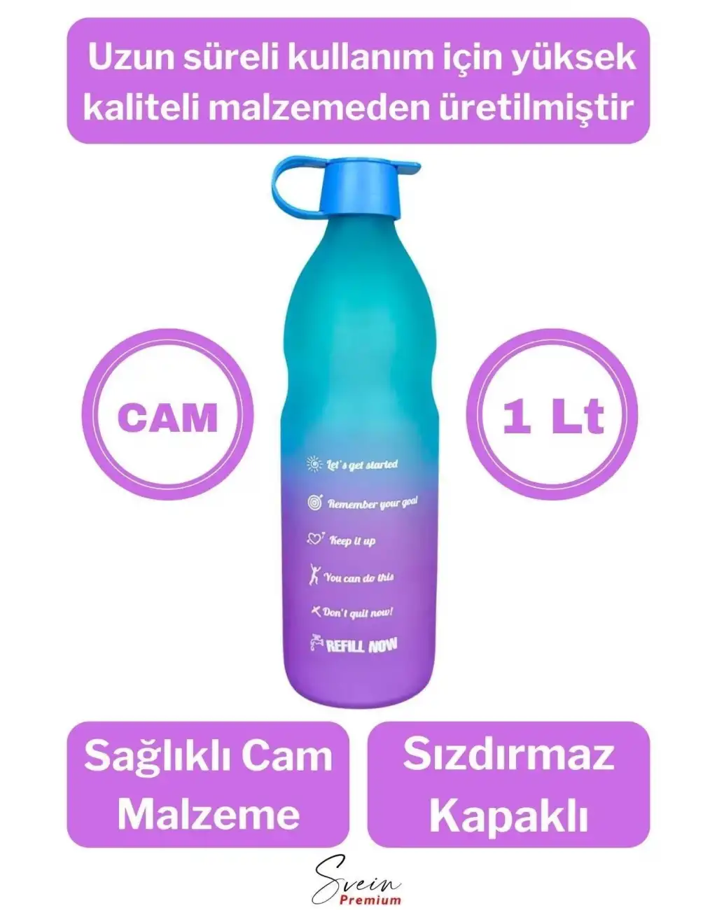 Premium Sızdırmaz Motivasyonel Sporcu Cam Renkli Su Matarası 1 Litre Suluk Tritan Bpa İçermez 1 Adet