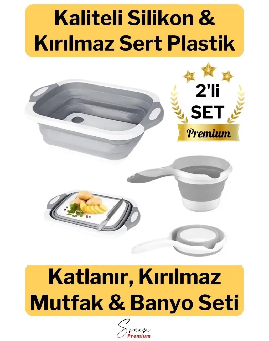 Çok Amaçlı Premium Katlanır Kesme Tahtası Tıpalı Yıkama Leğeni Badya ve Koçero Su Maşrapası 2li Set