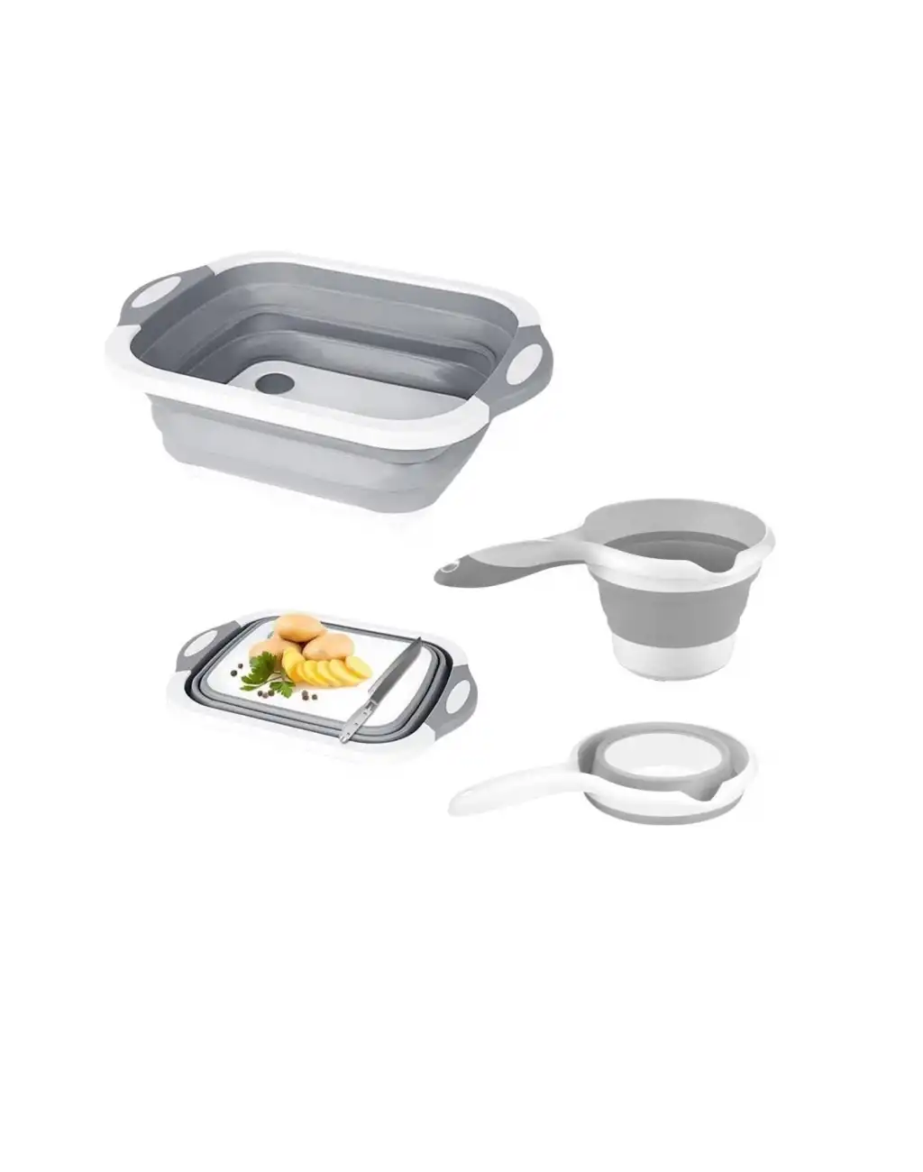 Çok Amaçlı Premium Katlanır Kesme Tahtası Tıpalı Yıkama Leğeni Badya ve Koçero Su Maşrapası 2li Set