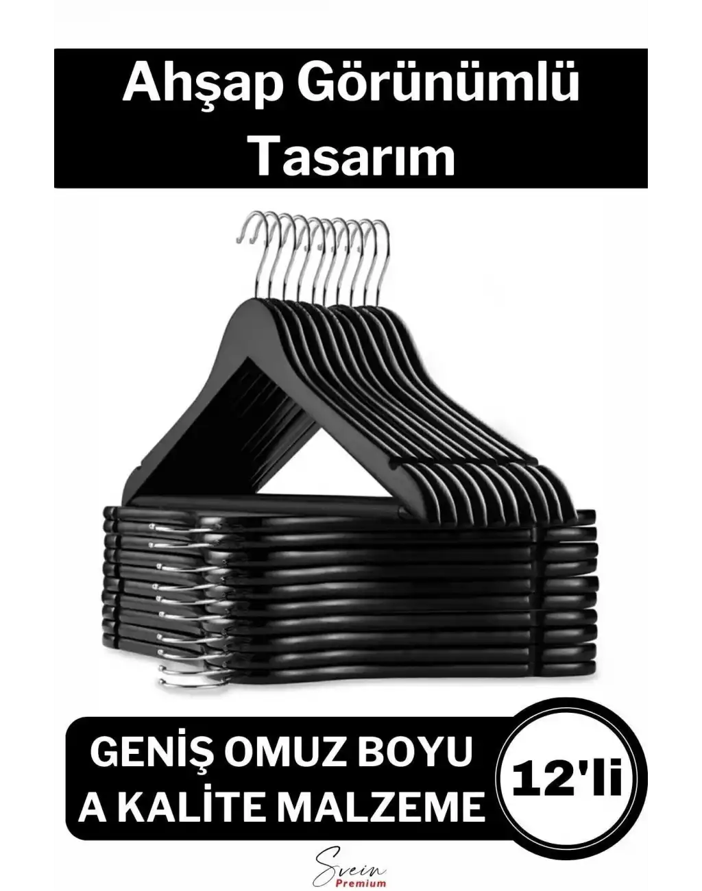 Premium Ahşap Görünümlü Kırılmaz Dayanıklı Plastik A Kalite Siyah Kıyafet Elbise Askı 12li