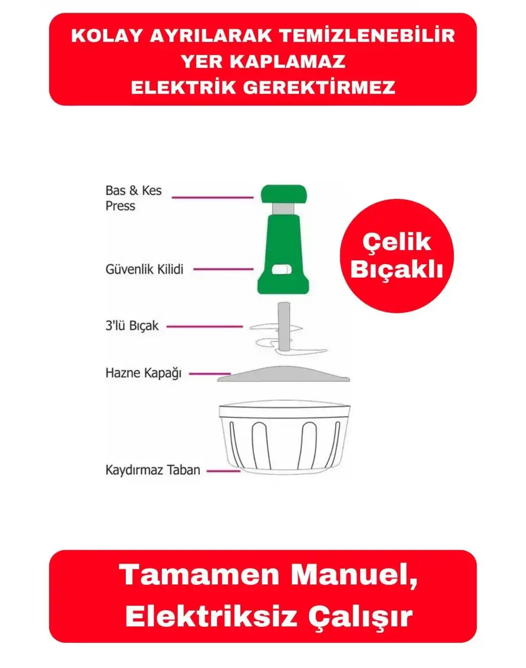 Pratik Taşınabilir Basmalı El Rondo Soğan Sebze Meyve Doğrayıcı Paslanmaz Çelik Bıçaklı El Robotu