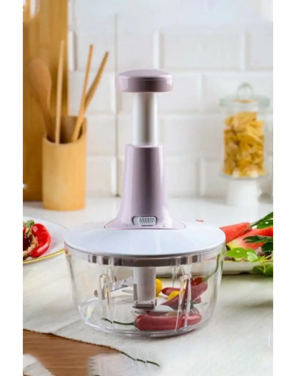 Pratik Taşınabilir Basmalı El Rondo Soğan Sebze Meyve Doğrayıcı Paslanmaz Çelik Bıçaklı El Robotu