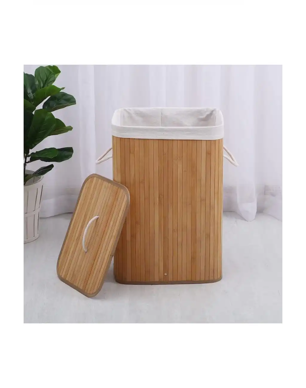 Kapaklı El Yapımı Dekoratif Modern Doğal Ahşap Bambu Banyo Kirli Çamaşır Sepeti 40 X 30 X 60 Cm