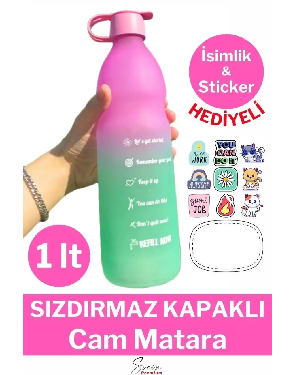 Premium Sızdırmaz Motivasyonel Sporcu Cam Renkli Su Matarası 1 Litre Suluk Tritan Bpa İçermez 1 Adet