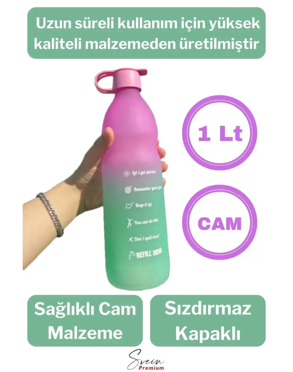Premium Sızdırmaz Motivasyonel Sporcu Cam Renkli Su Matarası 1 Litre Suluk Tritan Bpa İçermez 1 Adet
