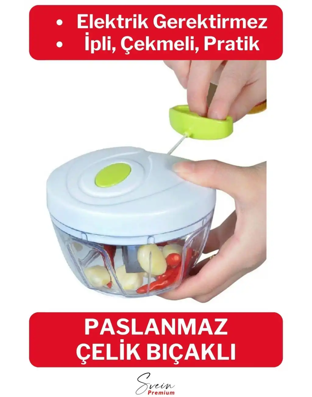 Premium Manuel 3 Bıçaklı Ipli Çekmeli Paslanmaz El Rondosu Kolay Hızlı Meyve Sebze Soğan Doğrayıcı