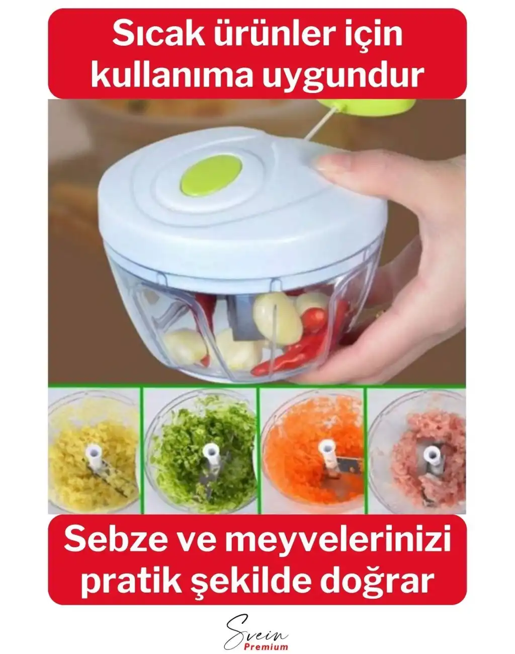 Premium Manuel 3 Bıçaklı Ipli Çekmeli Paslanmaz El Rondosu Kolay Hızlı Meyve Sebze Soğan Doğrayıcı