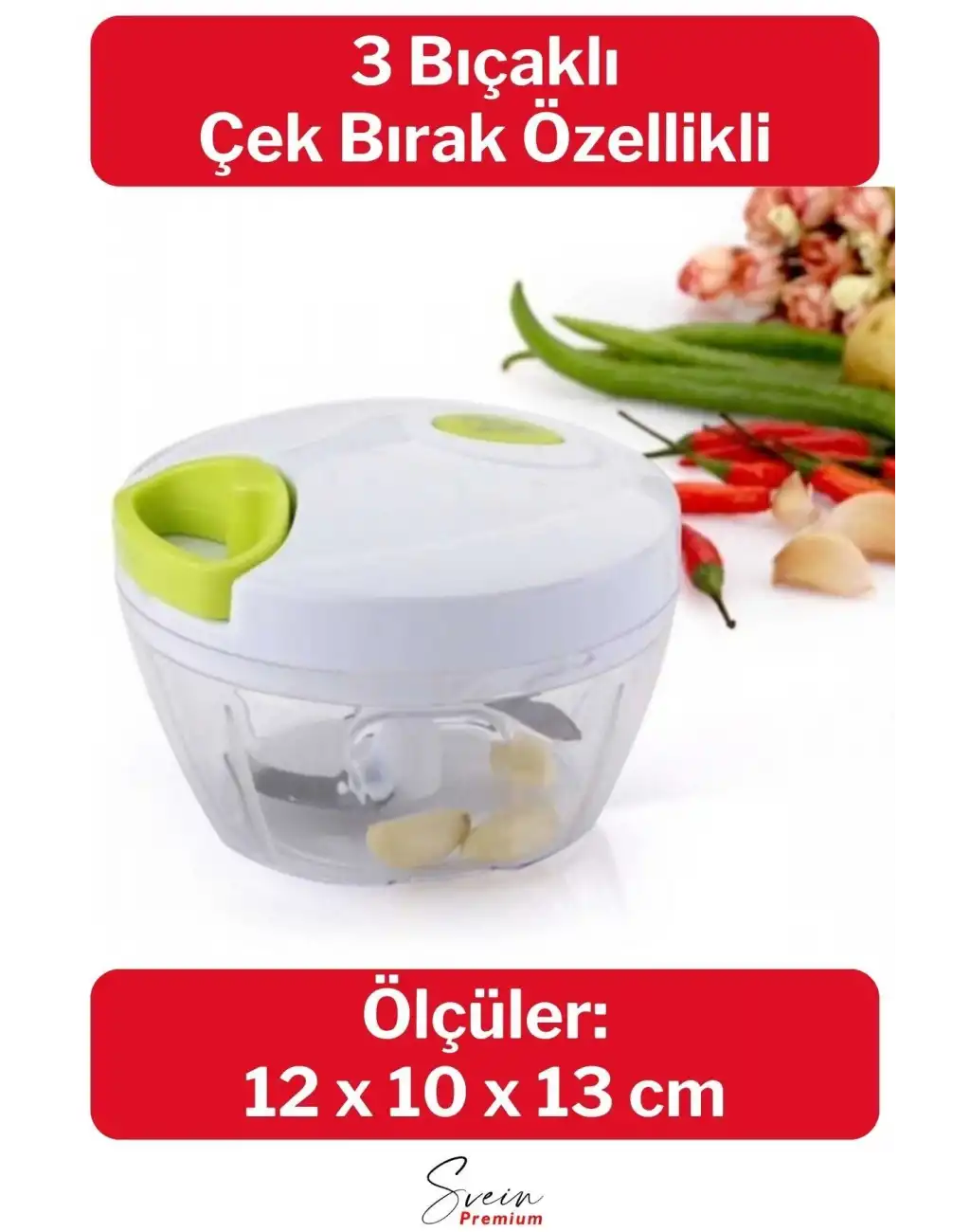 Premium Manuel 3 Bıçaklı Ipli Çekmeli Paslanmaz El Rondosu Kolay Hızlı Meyve Sebze Soğan Doğrayıcı