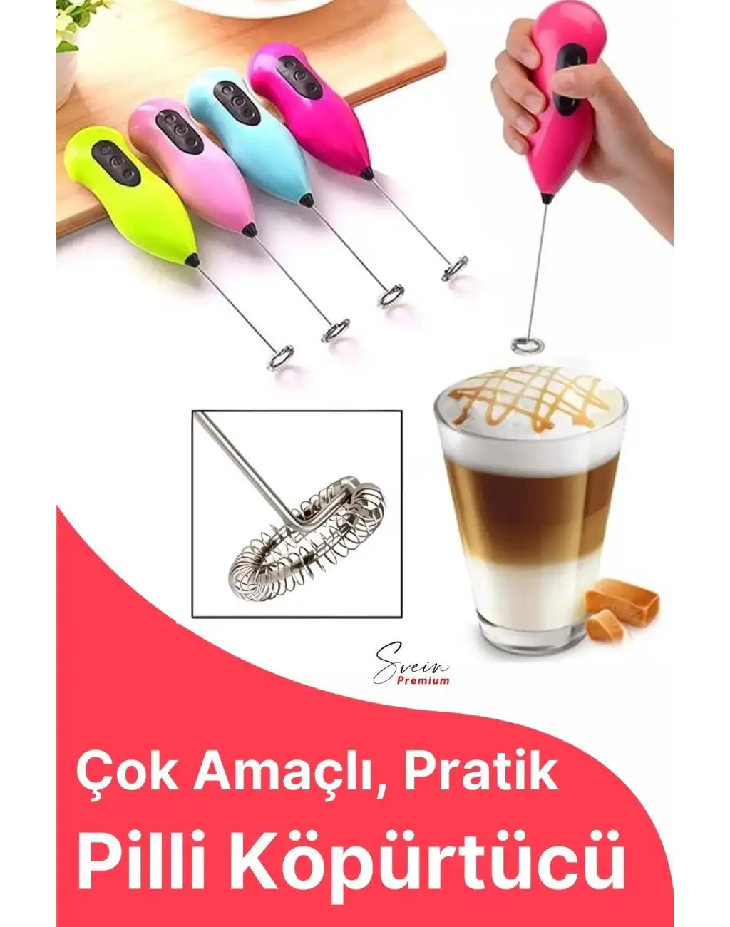 Kahve Süt Köpürtücü Cappuccino Yumurta Sos Krema Çırpıcı Çelik Uçlu Pratik Pilli Mini Karıştırıcı