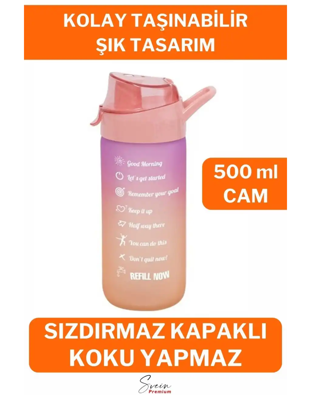 Motivasyonel Cam Su Şişesi Çift Renkli Kapaklı Sızdırmaz Akıtmaz Sporcu Suluk Bpa İçermez 500 ml