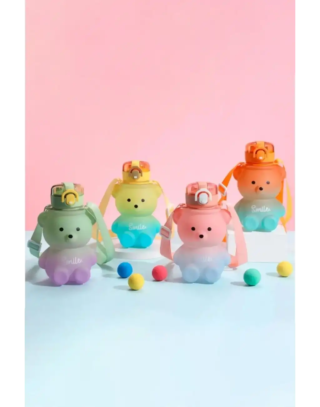 Pipetli Kapaklı Sevimli Ayıcık Suluk Matara Smile Sızdırmaz Dayanıklı Bpa İçermez Okul Çocuk Matara