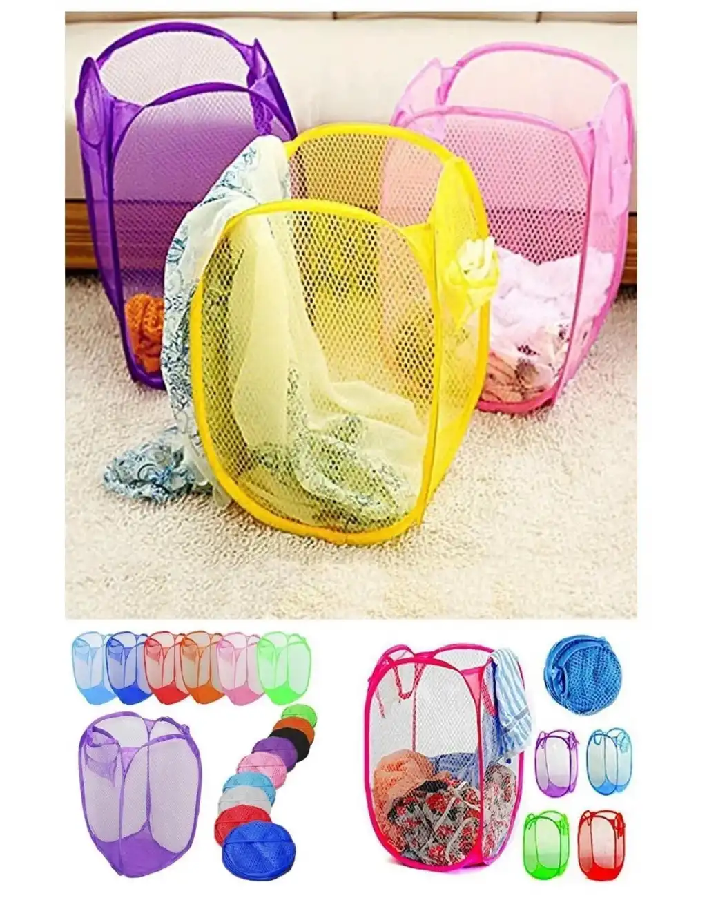 Çok Amaçlı Oyuncak ve Çamaşır Saklama Selesi Katlanabilir Çok Renkli Fileli Eşya İstifleme Sepeti