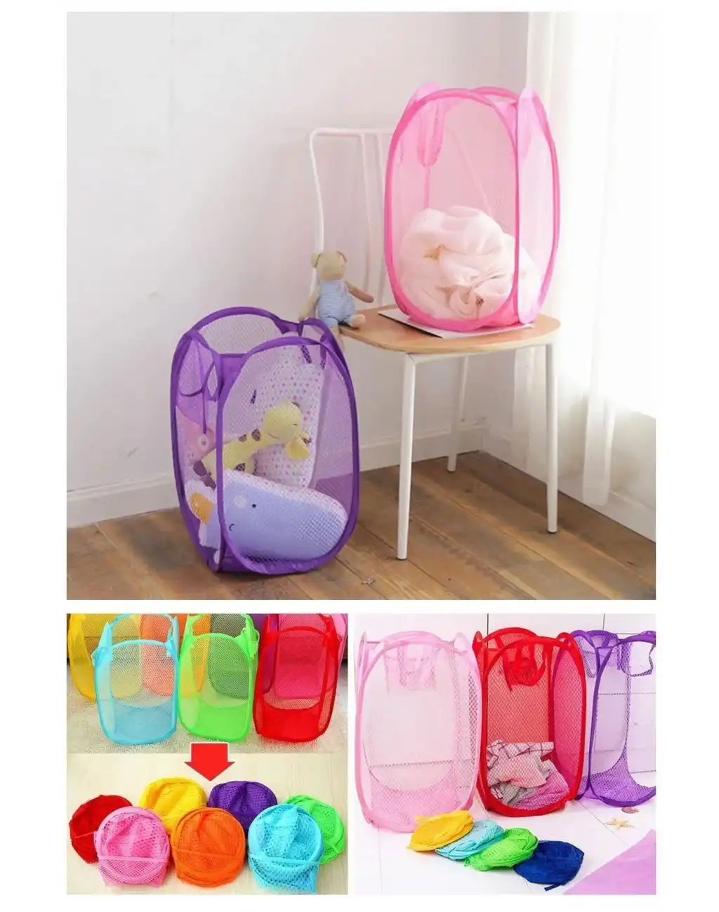 Çok Amaçlı Oyuncak ve Çamaşır Saklama Selesi Katlanabilir Çok Renkli Fileli Eşya İstifleme Sepeti
